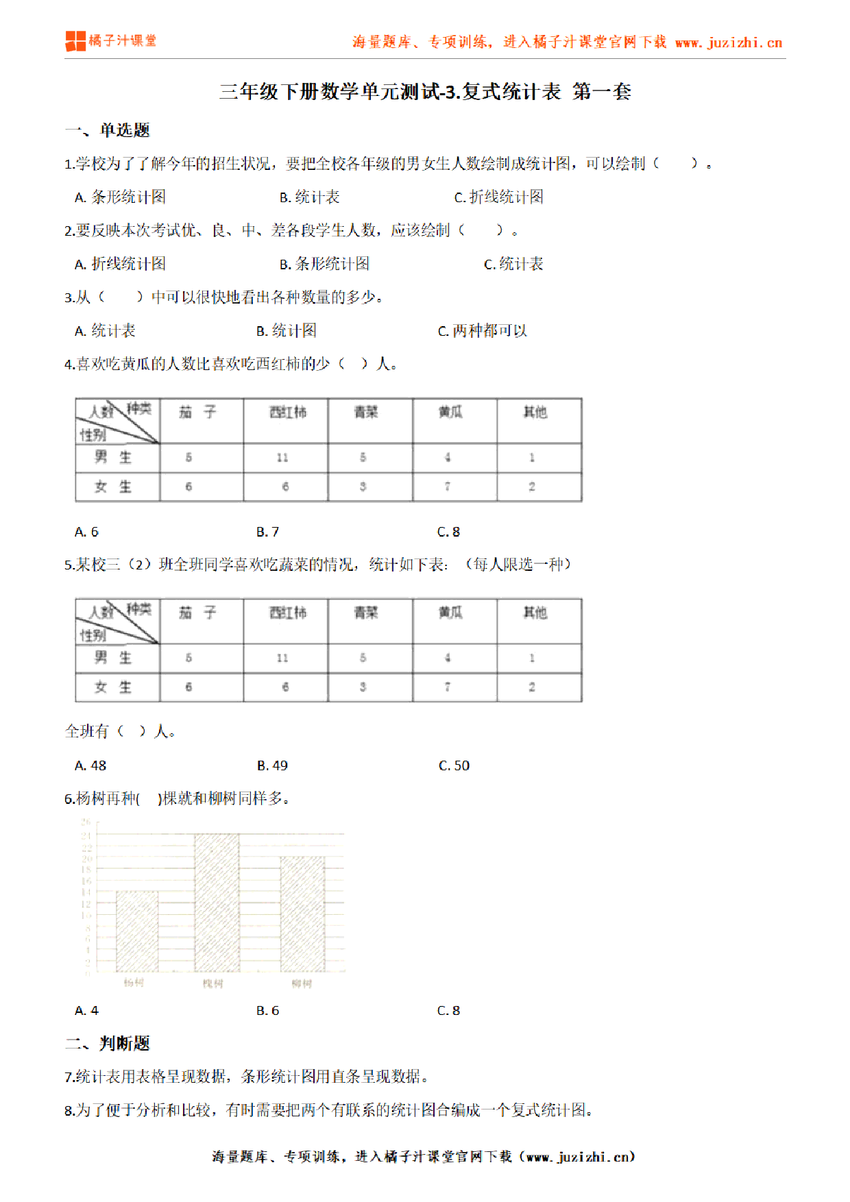 【人教版数学】三年级下册第三单元《复式统计表》检测卷1