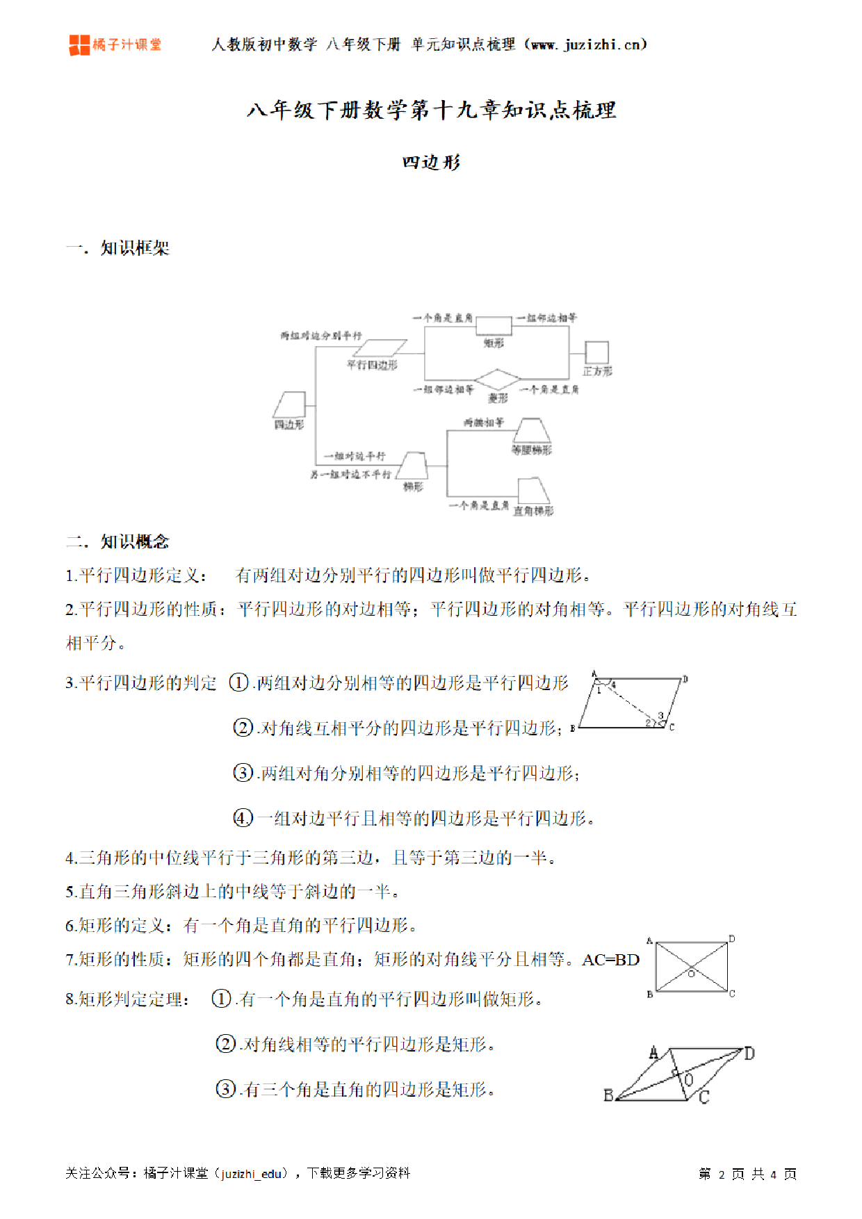 人教版初中数学八年级下册第十九章单元知识点梳理