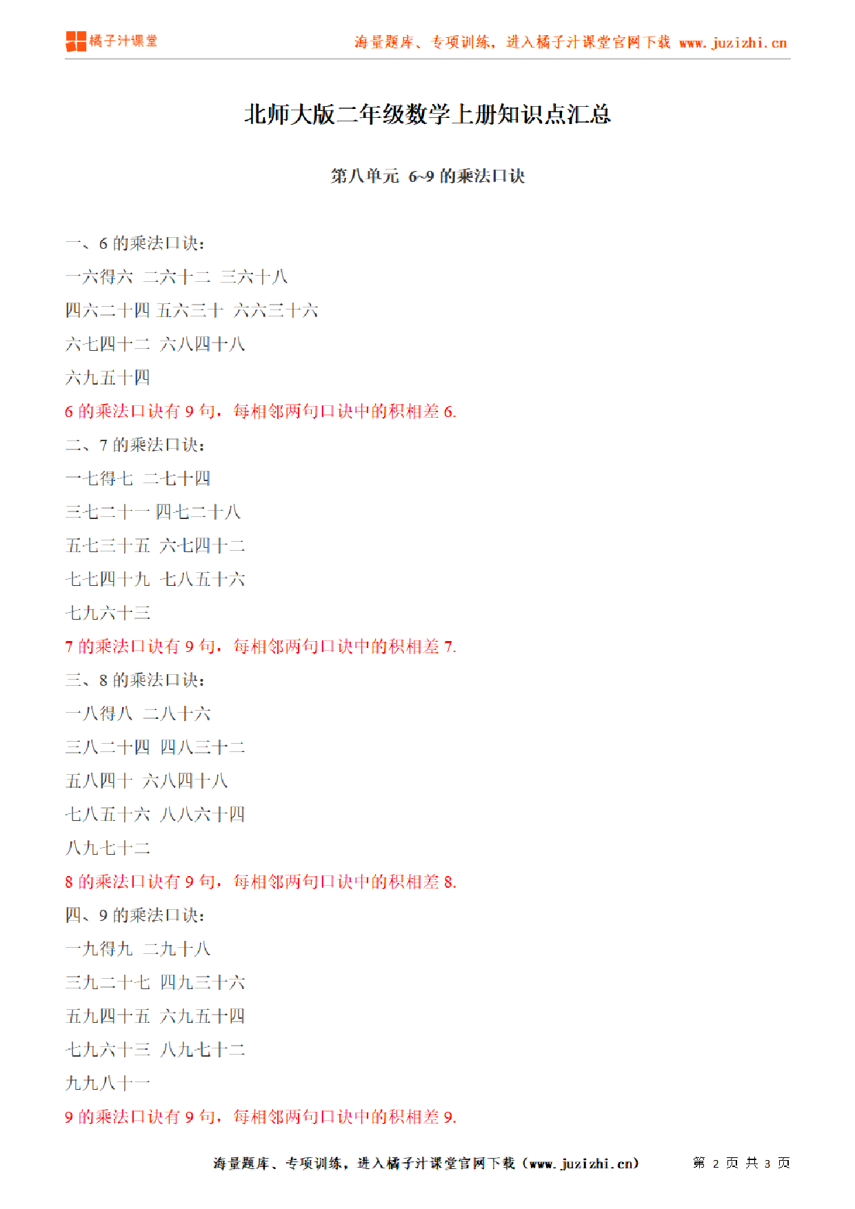 【北师大版】二年级上册数学第8单元知识点汇总