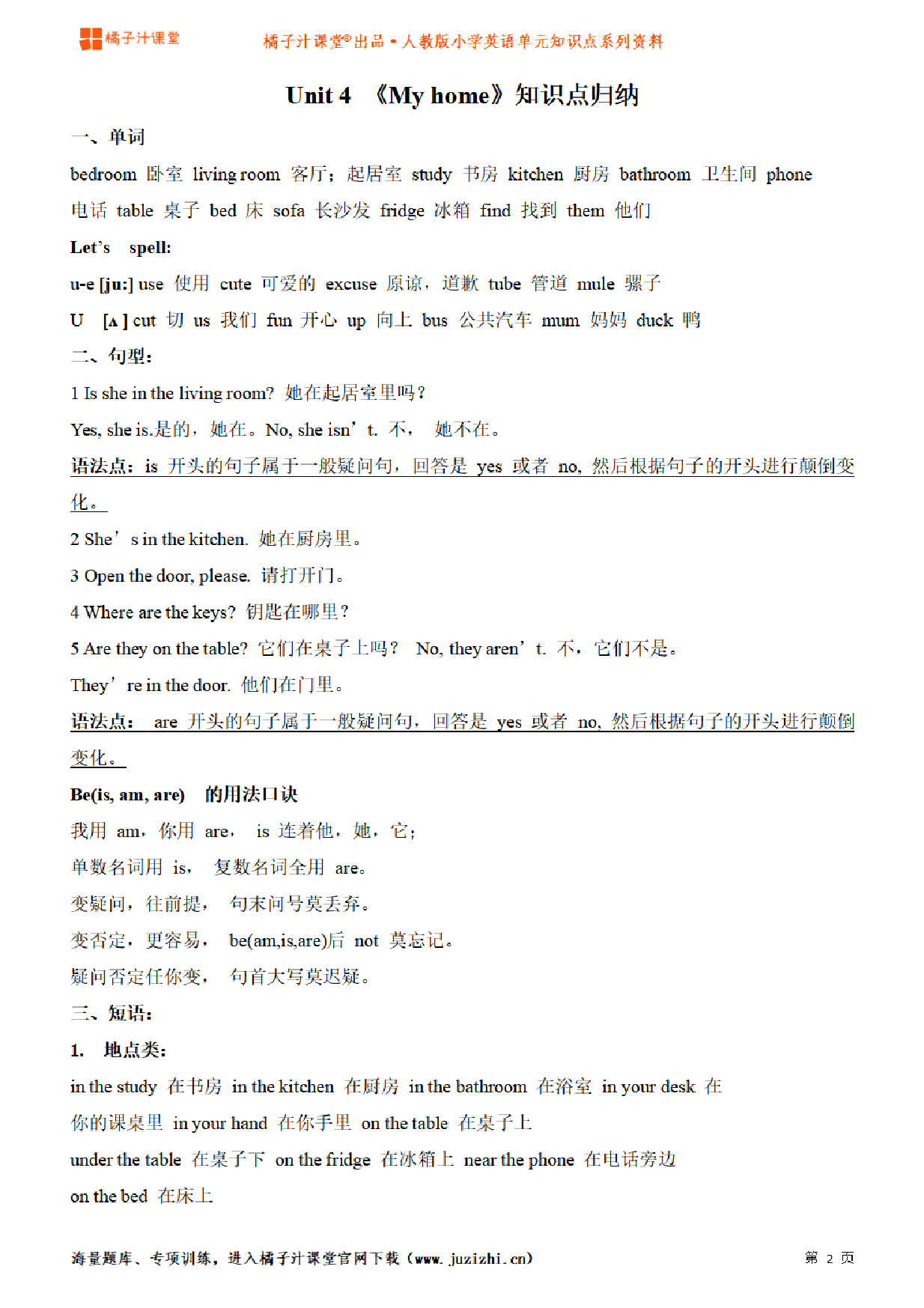 【人教PEP】4年级英语上册unit4知识点梳理