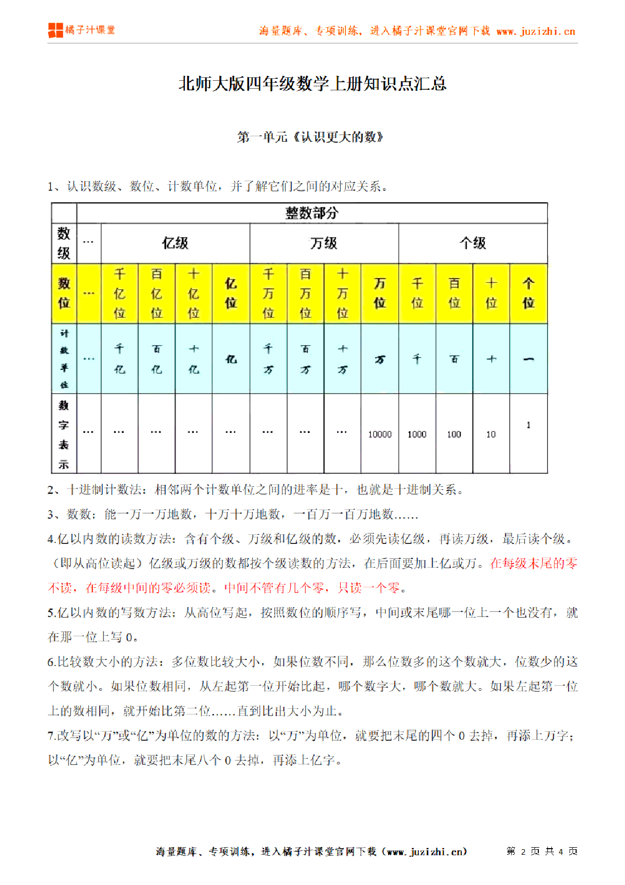 【北师大版】四年级上册数学第1单元知识点汇总