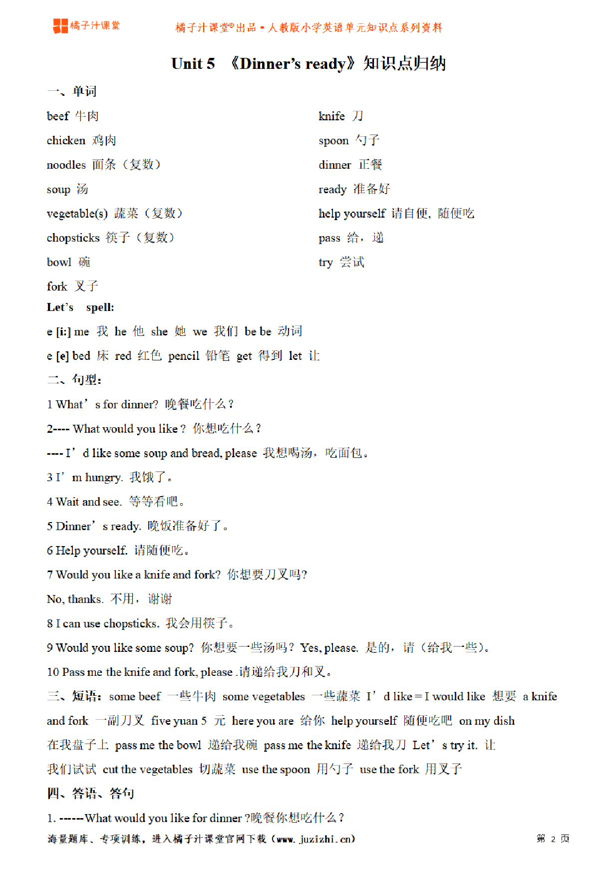 【人教PEP】4年级英语上册unit5知识点梳理