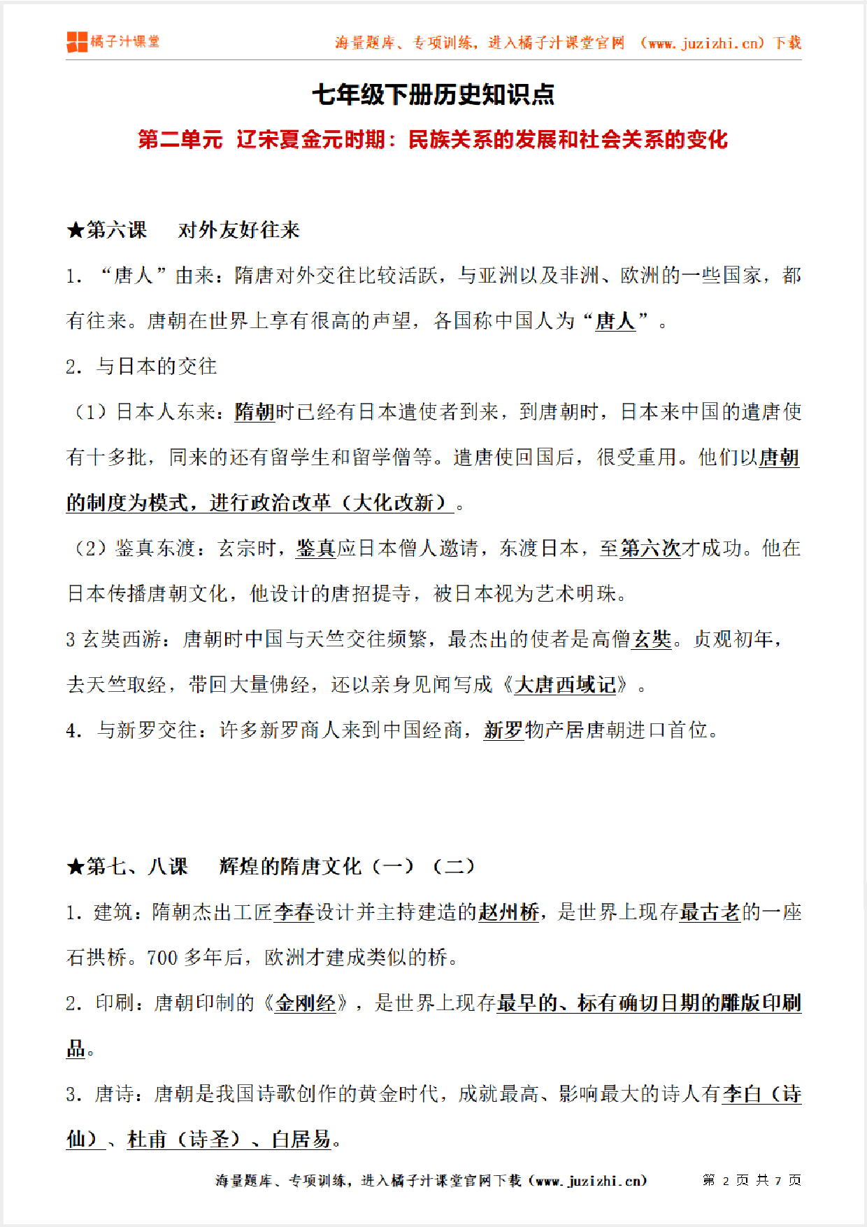 七年级下册初中历史《第二单元  辽宋夏金元时期：民族关系的发展和社会关系的变化》单元知识点