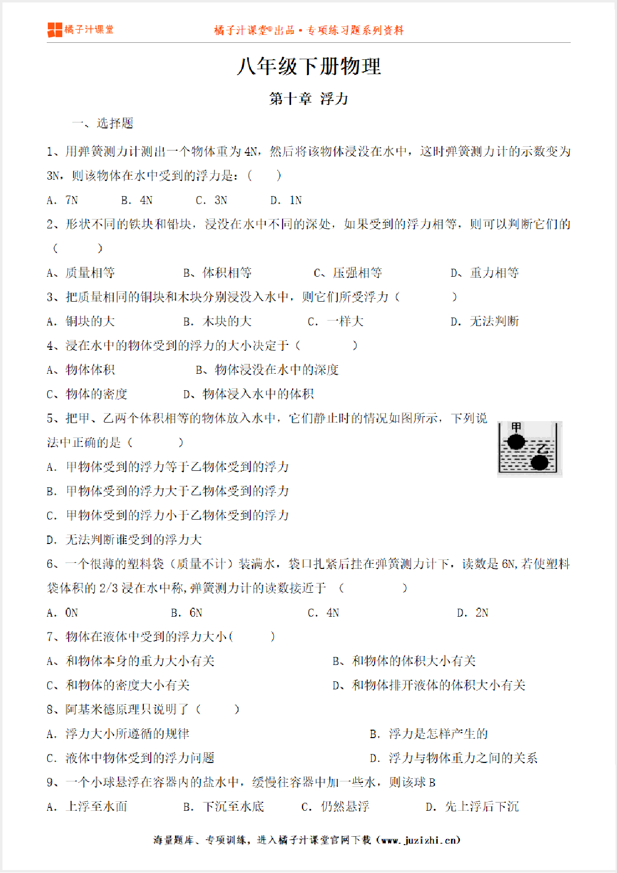 【八年级物理】下册第十章《浮力》单元测试卷