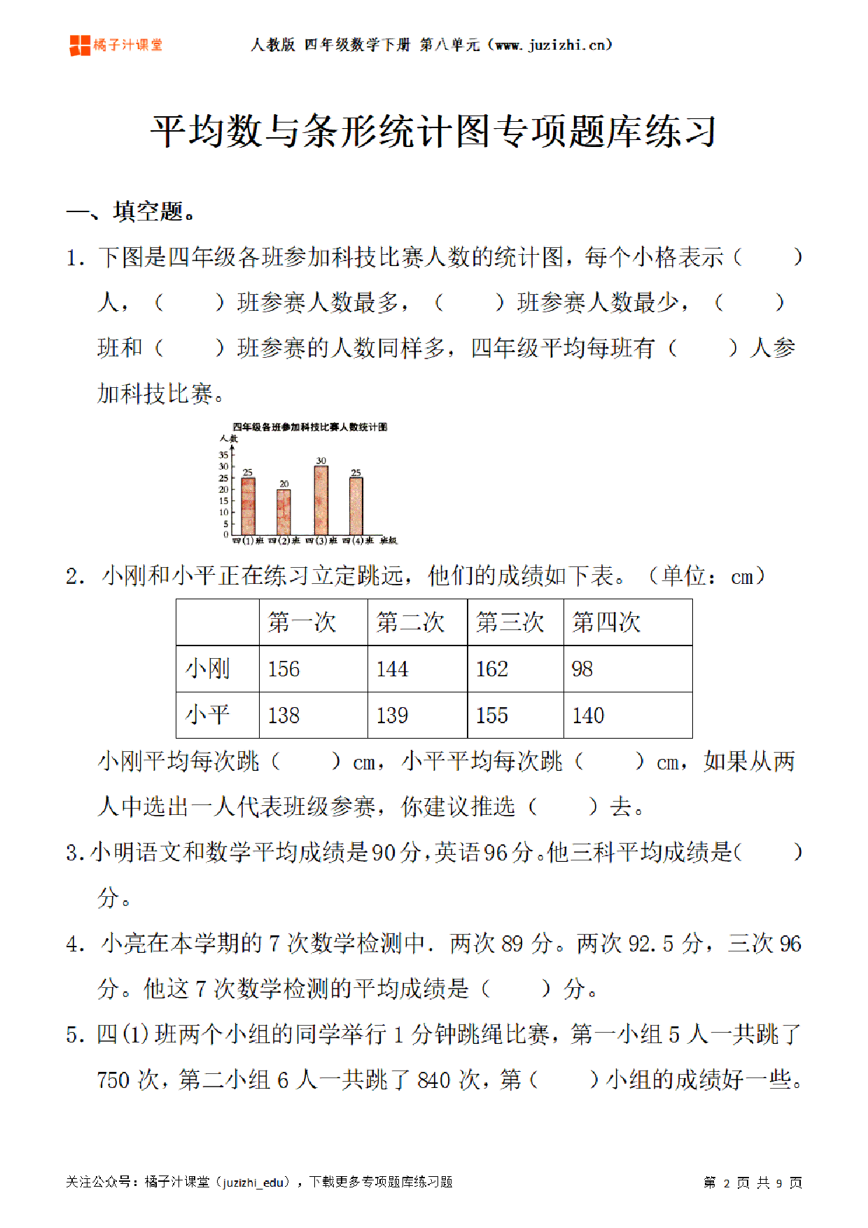 【人教版数学】四年级下册八单元《平均数与条形统计图》专项题库练习