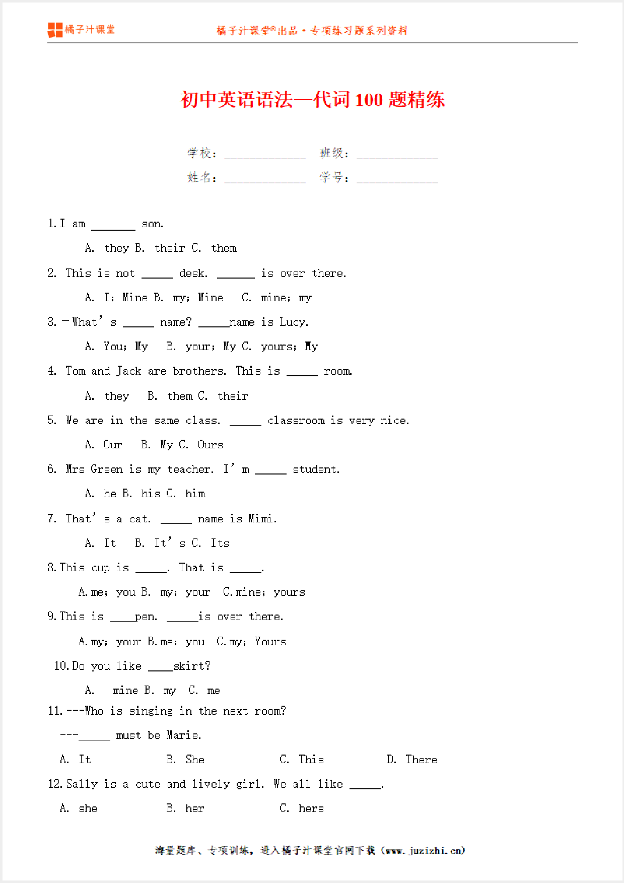 【中考英语】英语语法—代词100题精练