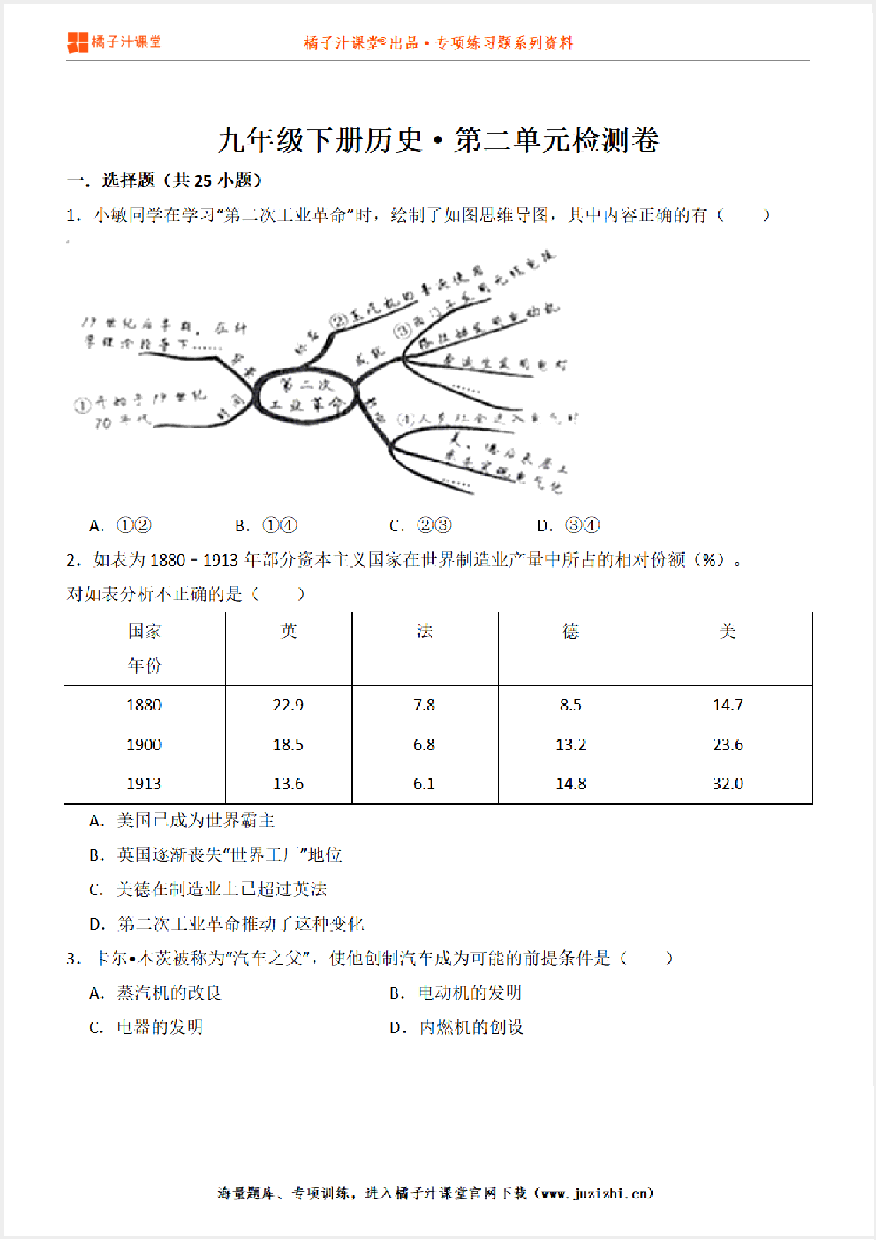 【九年级历史】下册第二单元测试卷