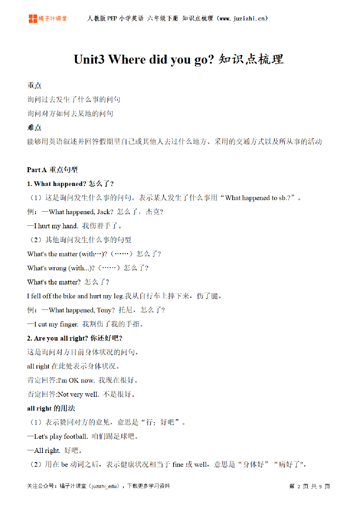 【人教版英语PEP版】六年级下册Unit3 Where did you go?知识点梳理