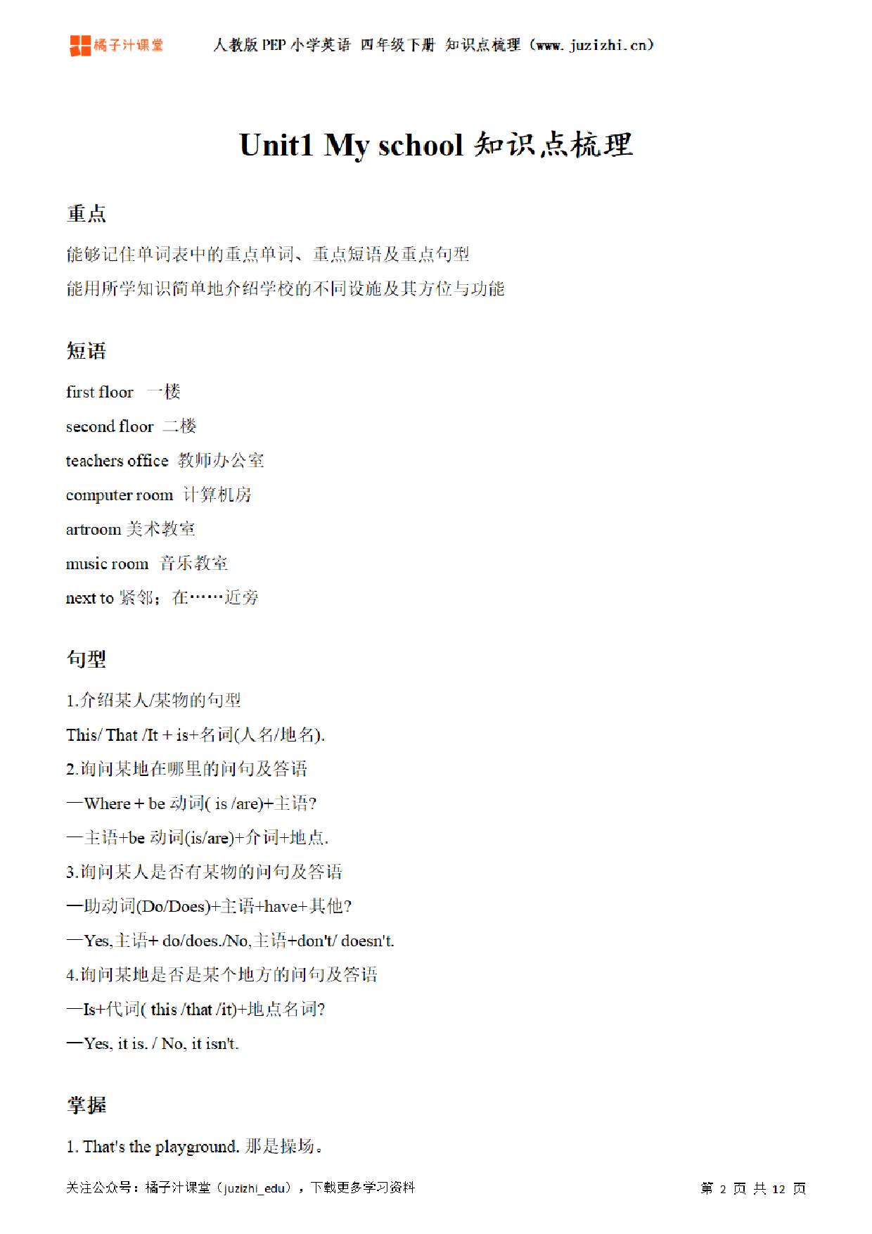 【人教版英语PEP版】四年级下册Unit1 My school知识点梳理