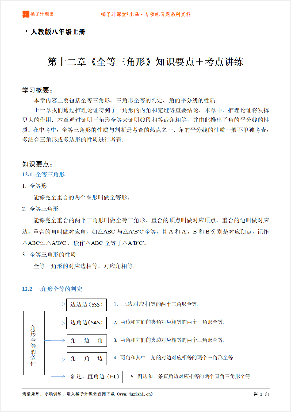 【人教版数学】八年级上册第十二章《知识点＋考点讲练》