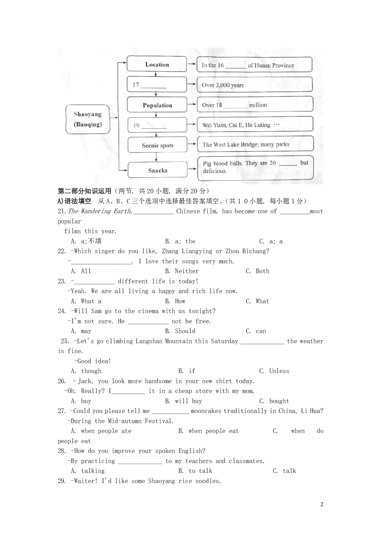 2019年湖南省邵阳市中考英语真题试题