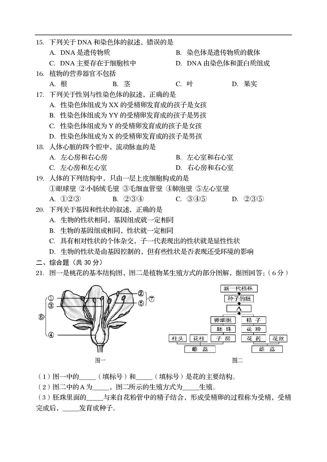 2021年辽宁省阜新市初中结业考试生物试题