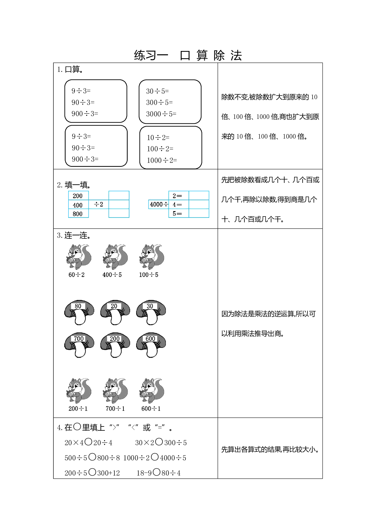人教版小学数学三年级下册期末专项复习：1  练习一  口算除法 