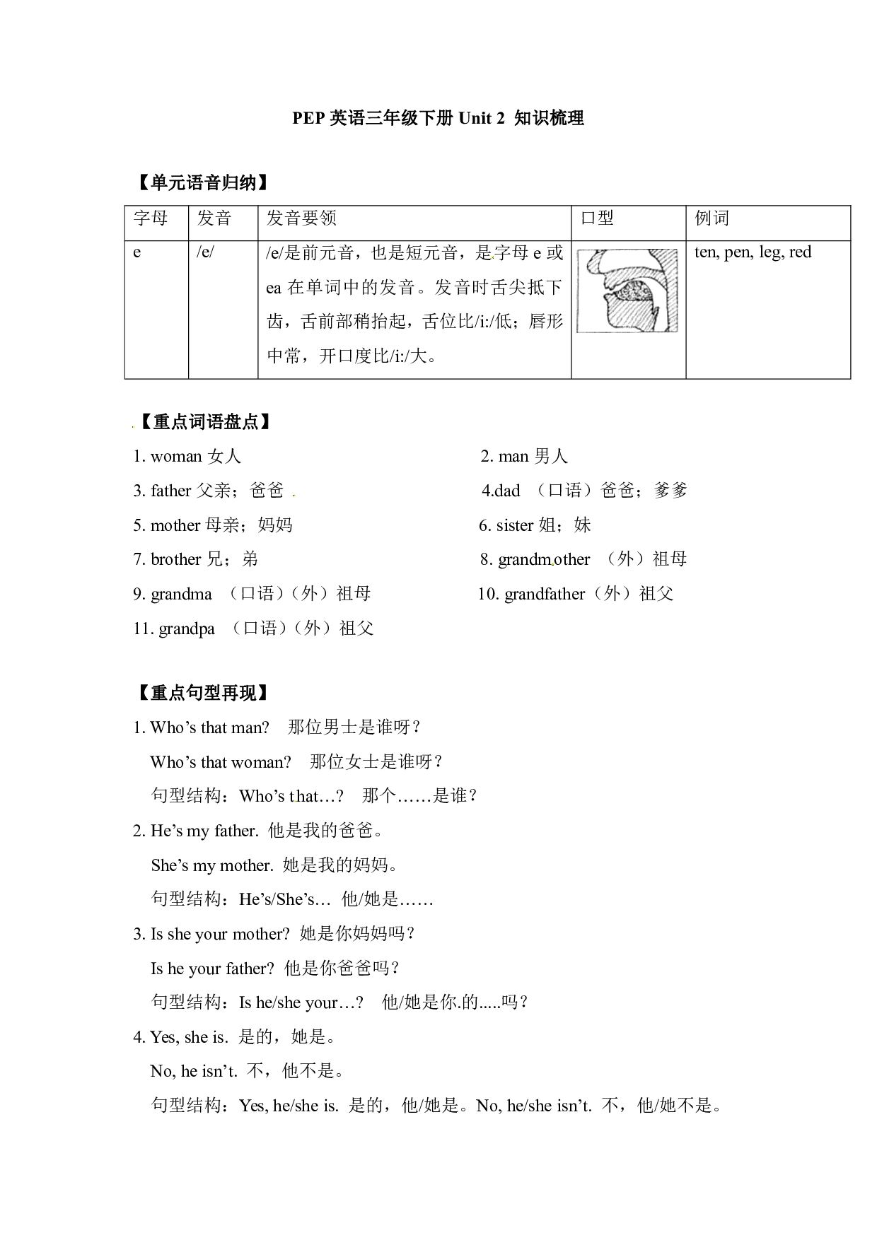人教PEP版三年级下册英语单元知识梳理-Unit 2 My family