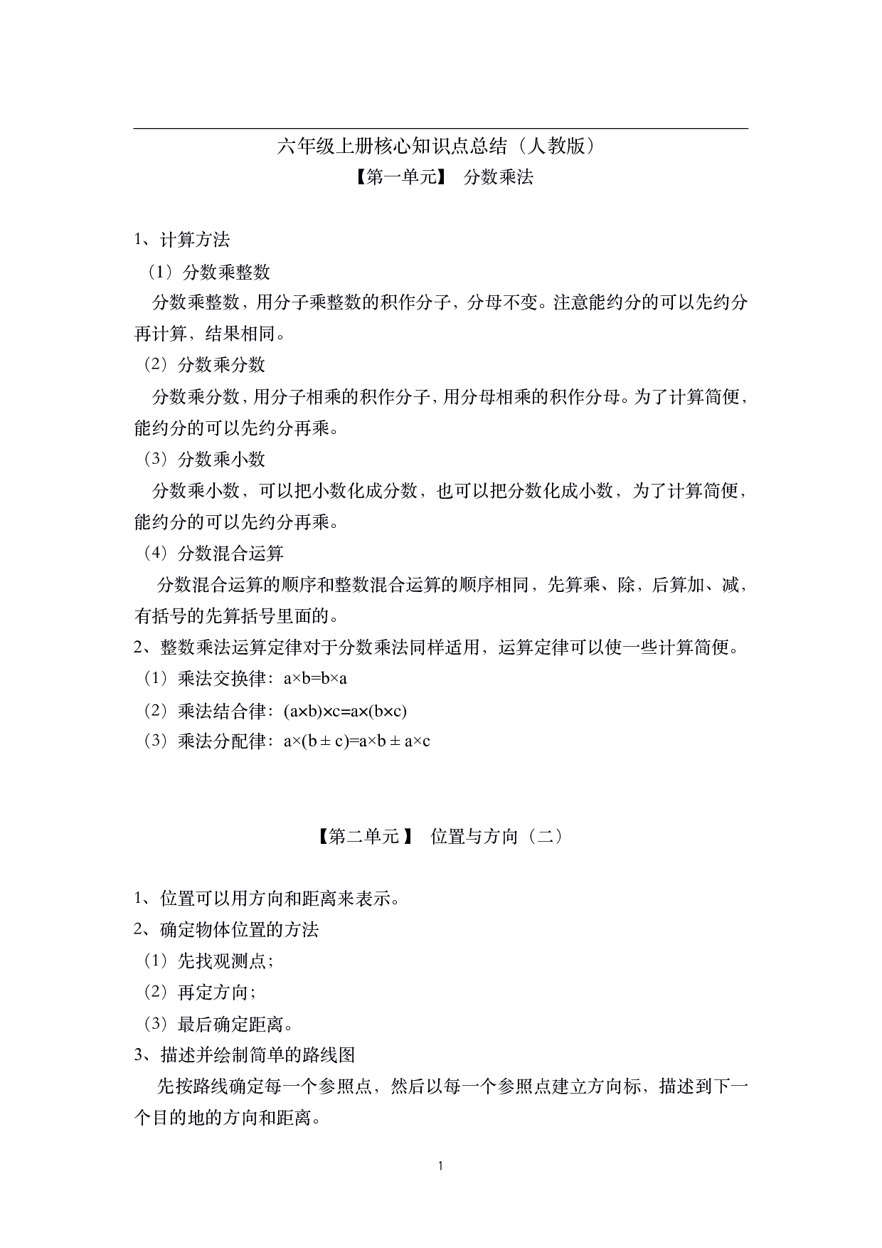 【人教版】六年级上册数学素材-核心知识点总结